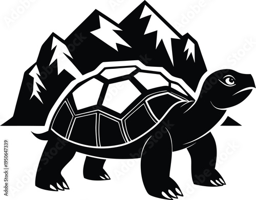 A black and white vector illustration of a slow tortoise walking in front of tall jagged mountains