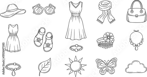Collection of hand-drawn summer fashion accessories and nature elements