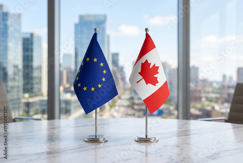 European Union and Canada miniature desk flags on marble table