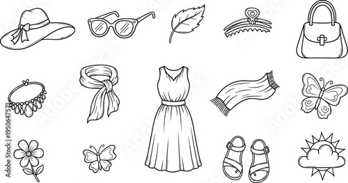 Collection of hand-drawn fashion accessories and clothing items for women