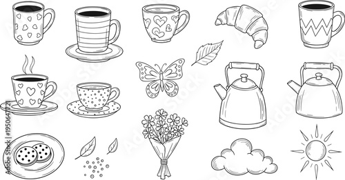 Collection of hand-drawn breakfast and nature elements in a doodle style
