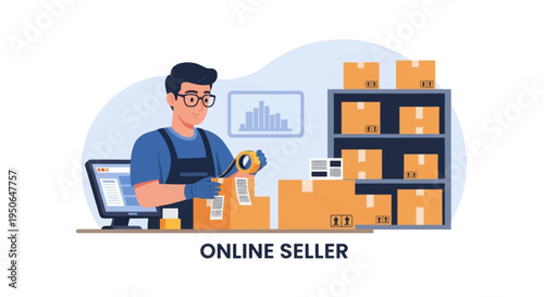 Vector illustration of a male online seller wearing glasses and an apron, packing cardboard boxes with a tape dispenser, computer monitor and storage shelves in the background.