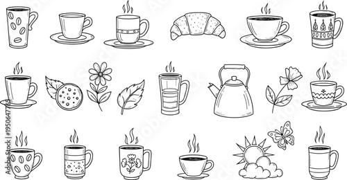 Collection of hand-drawn coffee and tea elements with a croissant and nature motifs