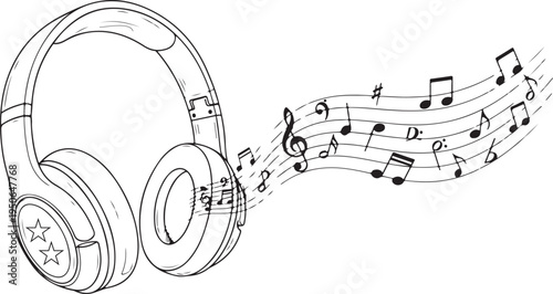 A pair of headphones with musical notes flowing out of them