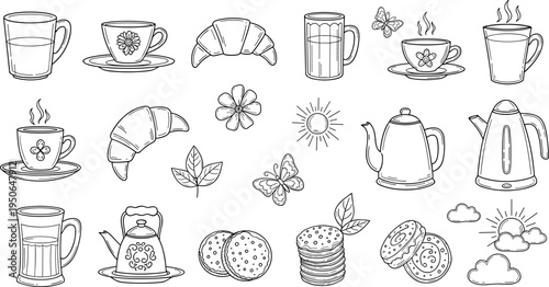 Charming hand-drawn collection of breakfast and tea time elements with a whimsical touch
