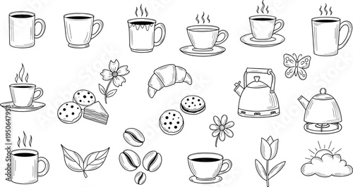 Collection of hand-drawn coffee and tea elements with pastries and decorative items