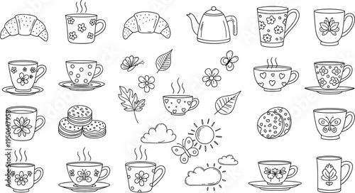 Cute hand-drawn collection of breakfast and tea time elements with cups, croissants, and butterflies