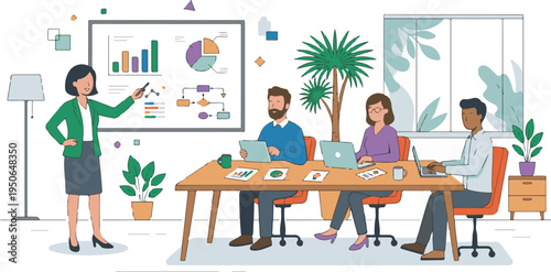 Diverse business team working together around a table with laptops