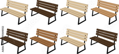 Wooden park bench collection, outdoor garden seating furniture vector illustration set, public bench variations isolated on white