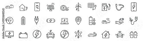 Sustainable renewable energy and electric vehicle line icon featuring solar panel wind turbine EV charging station battery, eco transport more vector illustration or editable stroke.