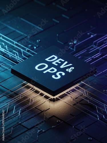 Professional DevOps Software Development Microchip Illustration with Glowing Circuit Lines for Information Technology Infrastructure Power