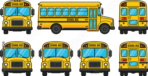 Yellow school bus collection, cartoon school transport vehicle set front side rear views vector illustration isolated