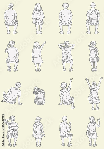 Back view people sitting, men, women, boy, girl, male, female, posture, blueprint, architectural element, editable stroke, vector