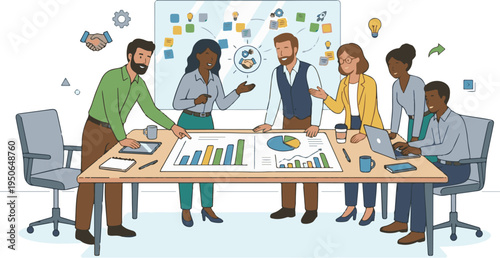 Diverse professionals sharing ideas through speech bubbles and icons