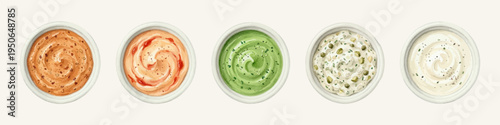 Watercolor vector mayonnaise-based sauces set, chipotle mayo, sriracha mayo, green goddess, tartar sauce, aioli