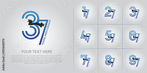Anniversary logo type set with double line number. blue color with black ribbon can be use special moment