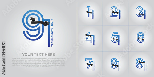 Anniversary logo type set with double line number. blue color with black ribbon can be use special moment