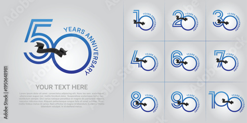 Anniversary logo type set with double line number. blue color with black ribbon can be use special moment