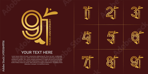 Anniversary logo type set with double line number. golden color with leaf ornament can be use special moment