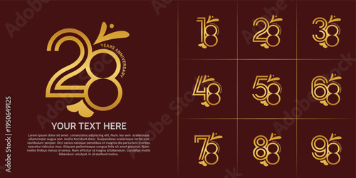 Anniversary logo type set with double line number. golden color with leaf ornament can be use special moment