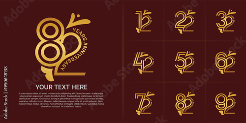 Anniversary logo type set with double line number. golden color with leaf ornament can be use special moment