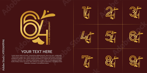 Anniversary logo type set with double line number. golden color with leaf ornament can be use special moment