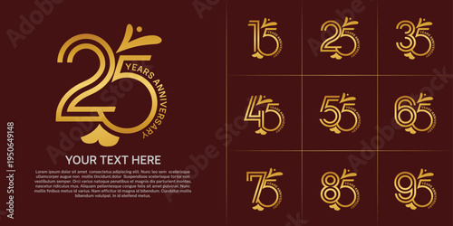 Anniversary logo type set with double line number. golden color with leaf ornament can be use special moment