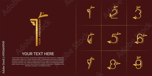 Anniversary logo type set with double line number. golden color with leaf ornament can be use special moment