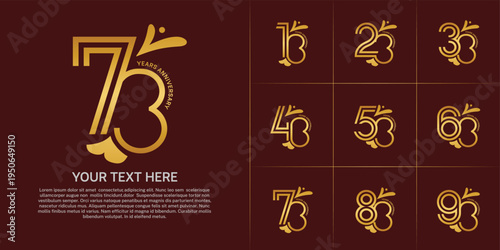 Anniversary logo type set with double line number. golden color with leaf ornament can be use special moment