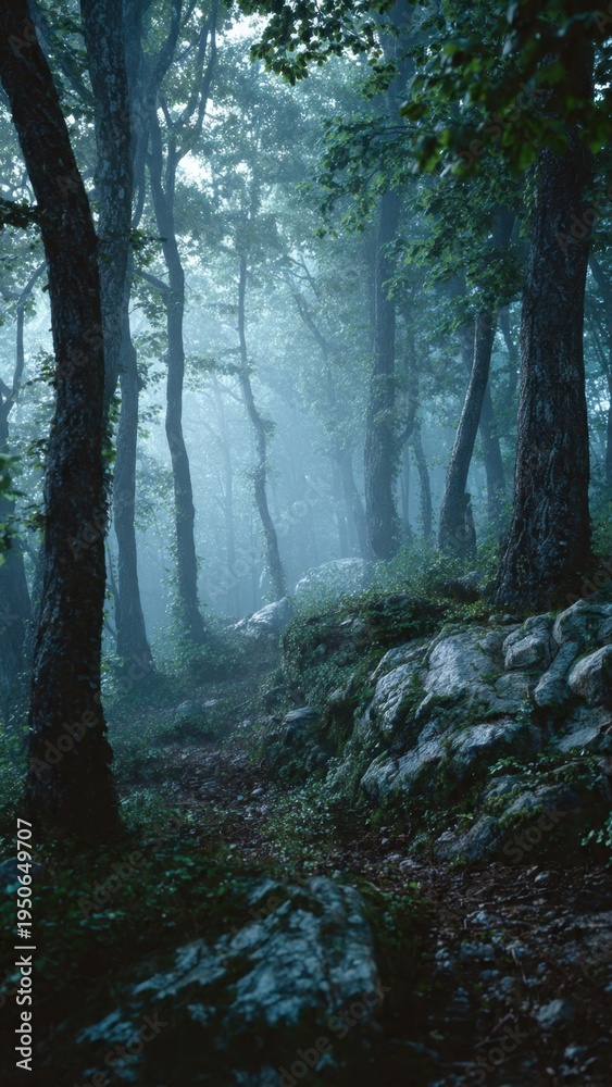 Fototapeta premium Misty Forest Path with Ancient Trees and Ethereal Fog