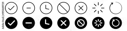 UI status icon set for pending, warning, active, inactive, disabled and processing states indicators in solid and outline styles