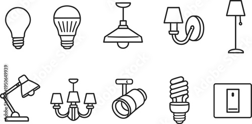 Collection of various lighting fixtures and bulbs in a clean, modern line art style