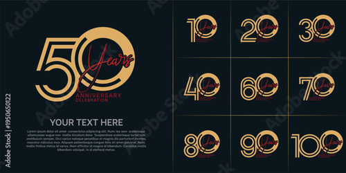 Anniversary set design with double line number and handwriting. brown and red color for celebration event