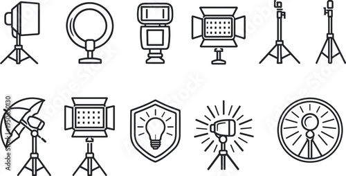 Collection of line art icons representing various photography lighting equipment and accessories