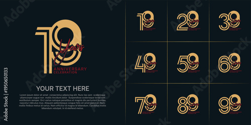 Anniversary set design with double line number and handwriting. brown and red color for celebration event