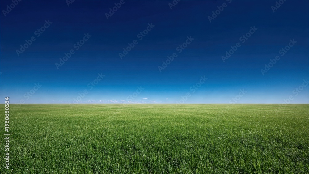 Obraz premium Panoramic View of Lush Green Grass Field and Blue Sky