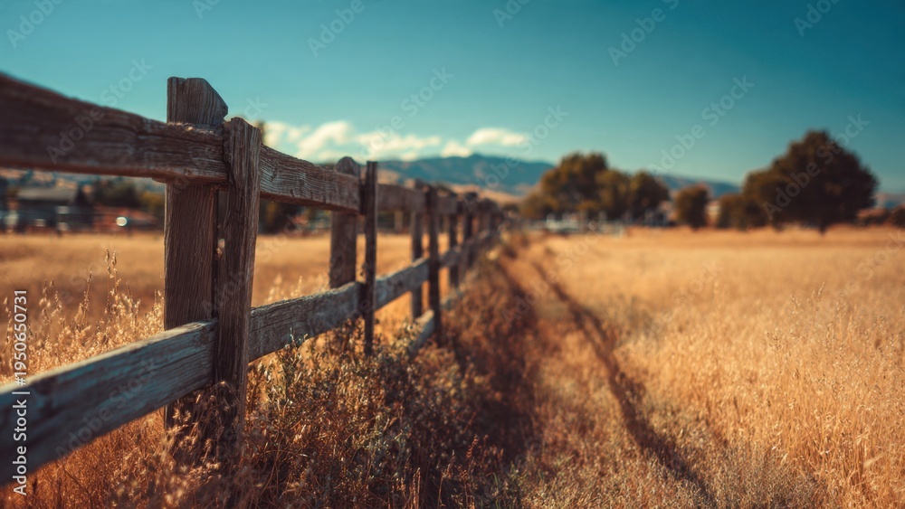Fototapeta premium Rustic Wooden Fence in Golden Field on a Sunny Day