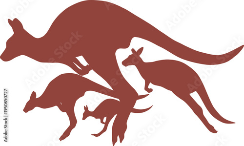 Vector illustration of a family of kangaroos traveling across the savannah in big leaps.