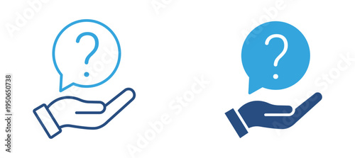 Customer support help icon set. Hand holding question mark speech bubble icon, assistance and information concept. Vector illustration.