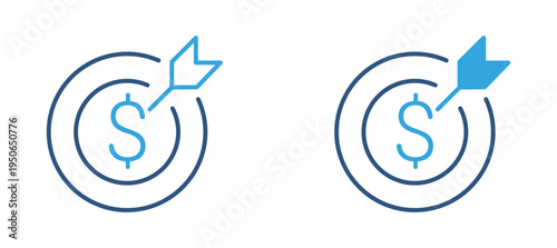 Financial target icon set. Dollar coin with arrow hitting target icon, business goal achievement and profit growth concept. Vector illustration.