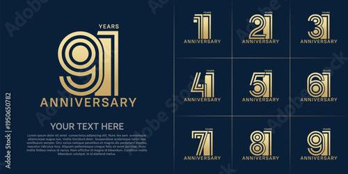Anniversary set design with double line number. golden color for celebration event