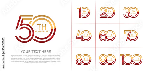 Anniversary set design with double line number. gold and red color for celebration event