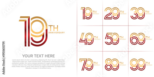 Anniversary set design with double line number. gold and red color for celebration event