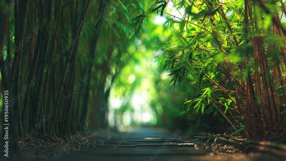 Fototapeta premium Serene Path Through Lush Bamboo Forest Leading to Bright Light