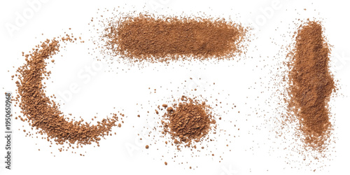 Set of scattered instant coffee granules or brown powder in different shapes isolated on white background vector illustration
