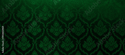 Luxurious Dark Green Damask Fabric Texture with Floral Ornament