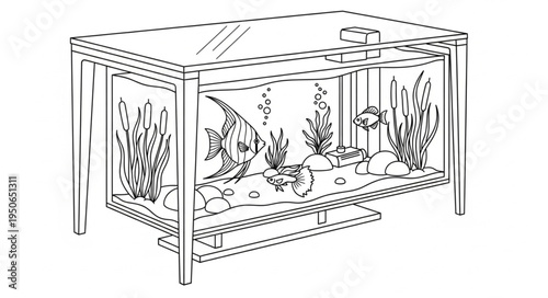Detailed Line Art of an Aquarium with Fish and Plants.