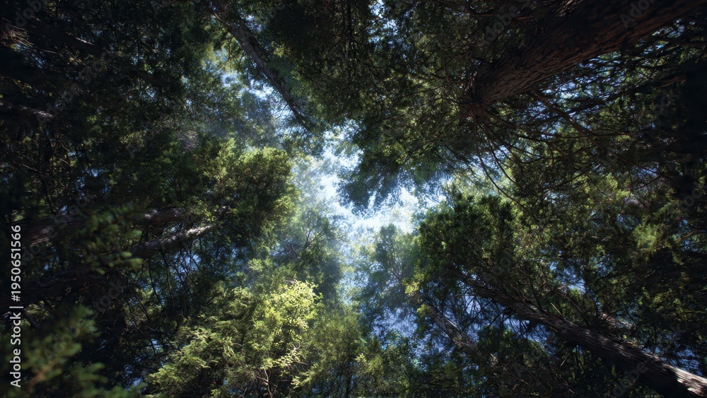 Fototapeta premium Sunlight Piercing Through Lush Forest Canopy from Below