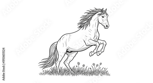 Majestic Horse Rearing Up in a Grassy Field Illustration.