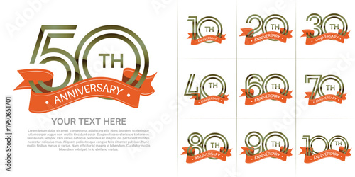 Anniversary logo set with double line number style. green color with orange ribbon can be use for special moment